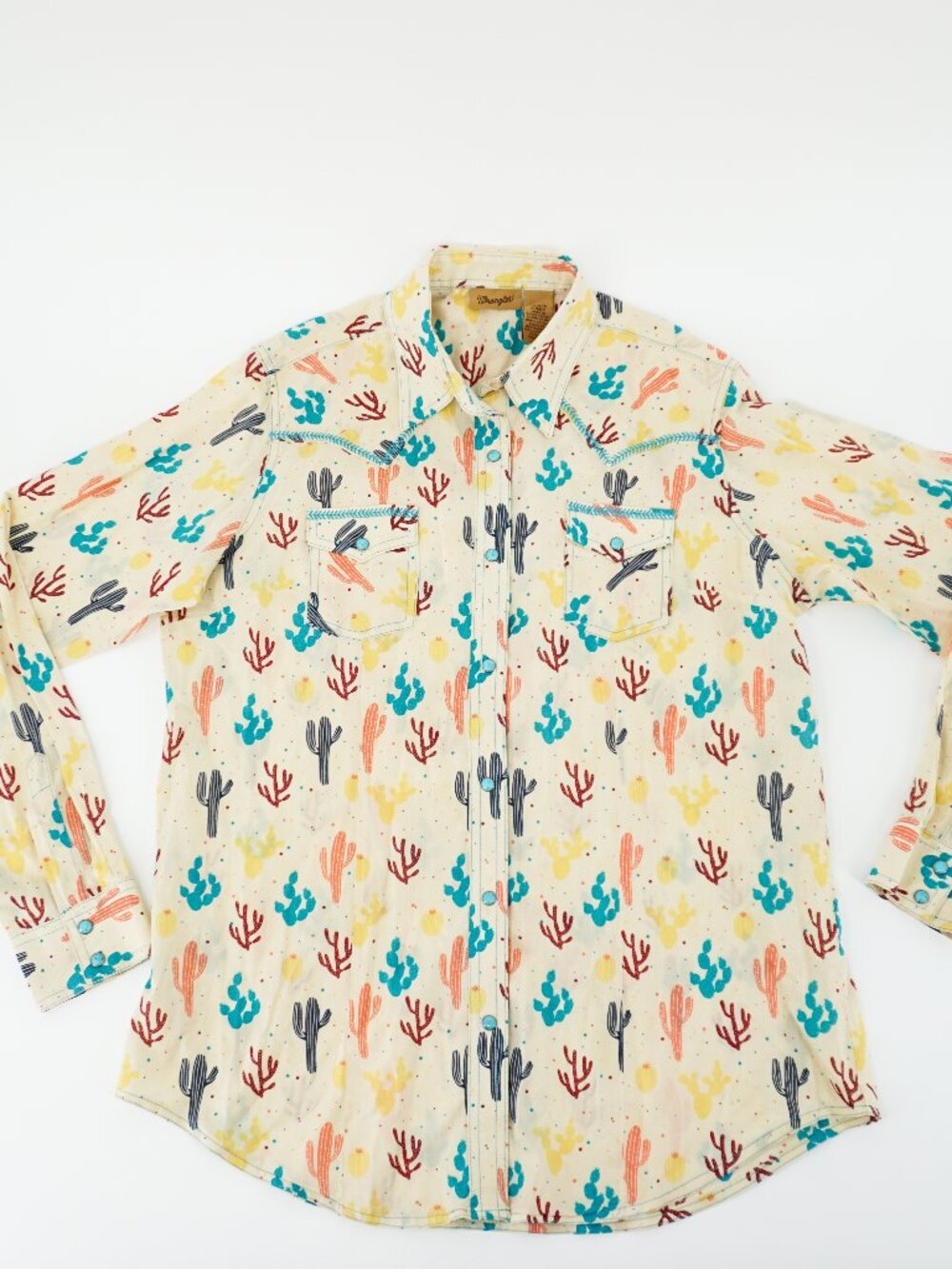 Wrangler Cactus Western Shirt Women Med Turquoise Snap Rodeo Ranchwear Cowgirl